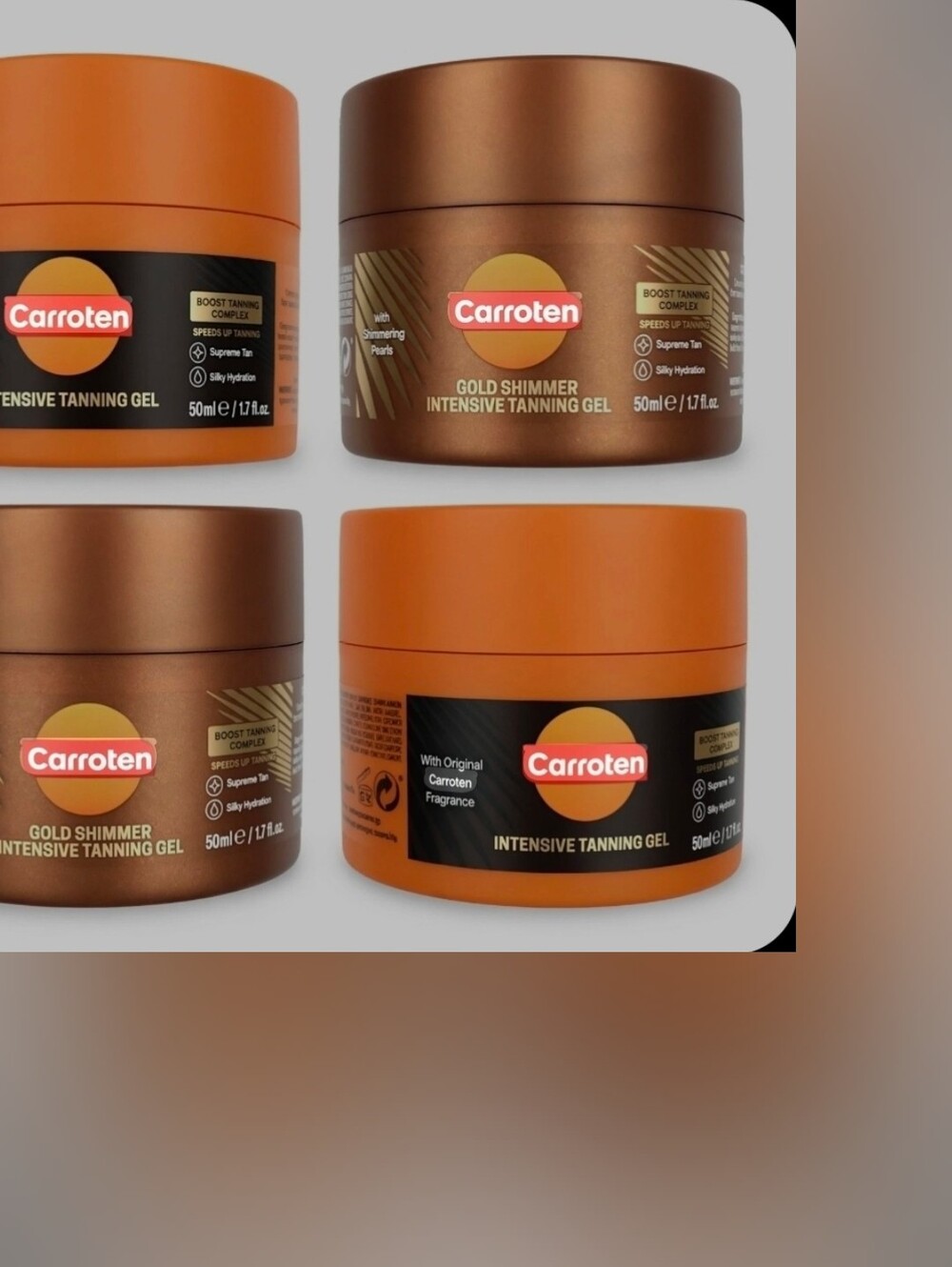 Carroten Tanning Gel 4 Pack Original & Gold Shimmer 50ml 1.7oz New